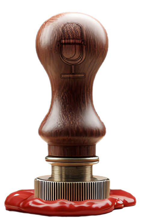Isolated Stamp with a microphone engraved on the handle. It is being pressed into red wax.